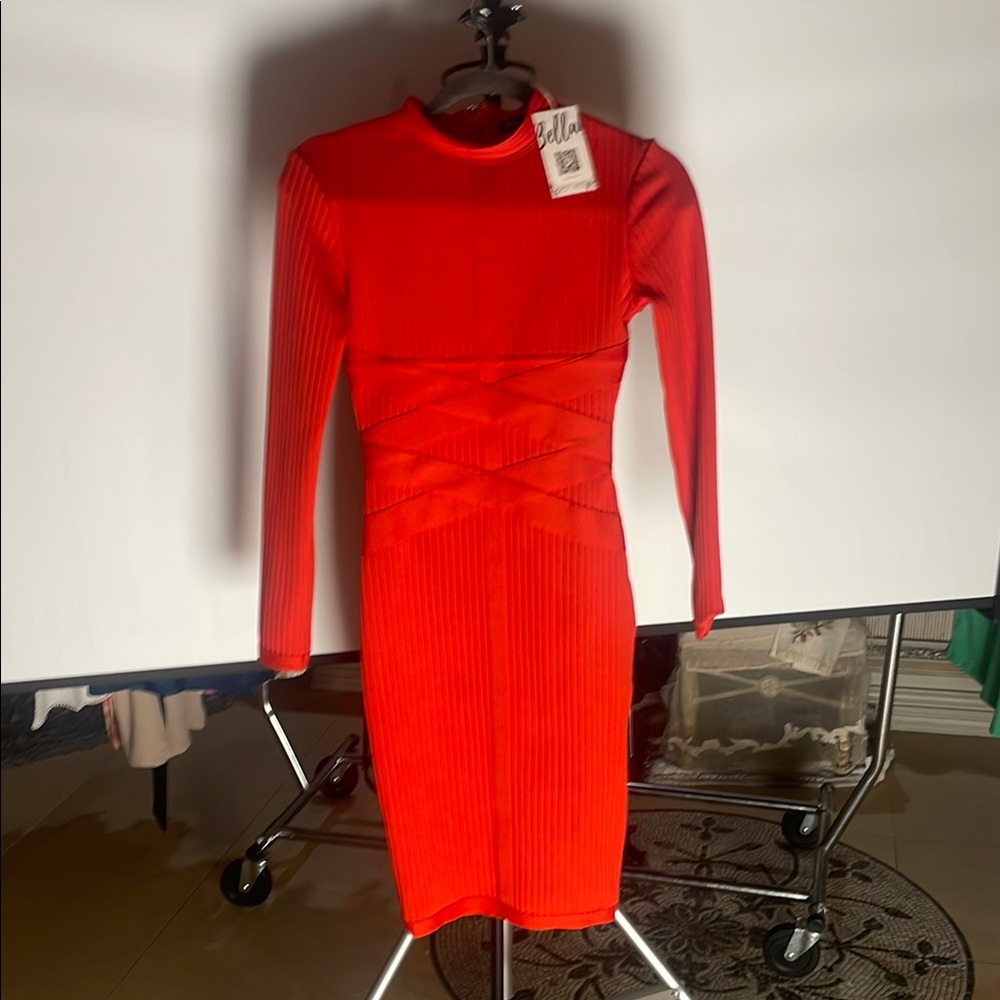Abella Red Long Sleeve Mock Neck Bodycon Dress